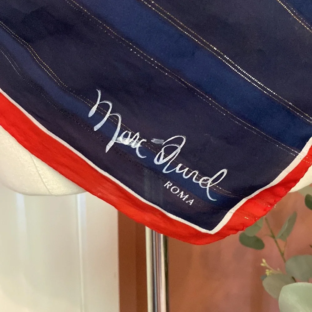 Vintage Marc Aurel Roma red white blue square 31.5 x 31.5 metallic thread scarf